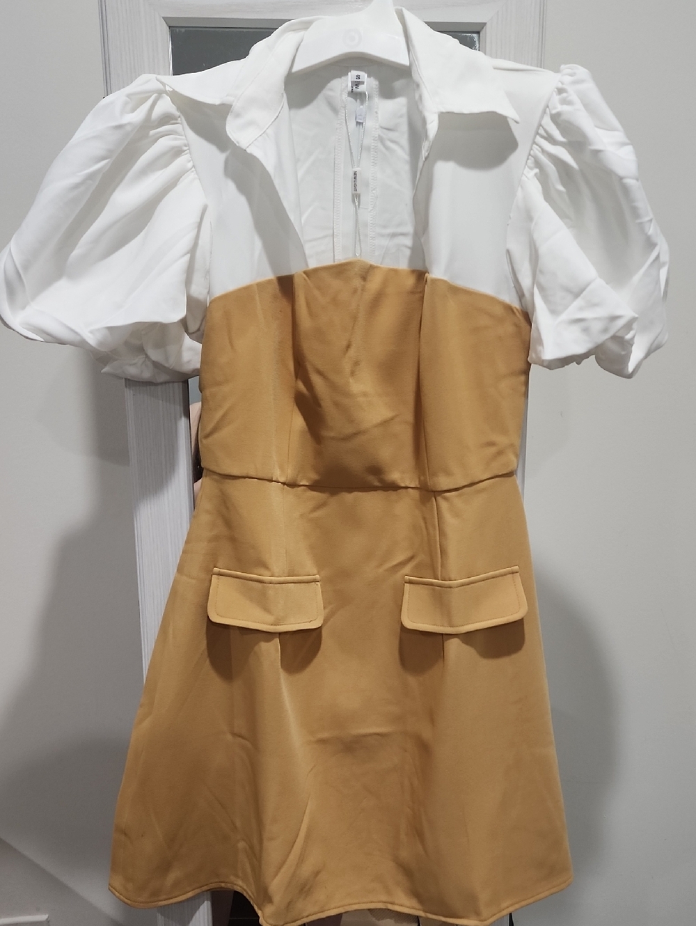 White Puff Sleeve Top with Camel Gold Mini Dress